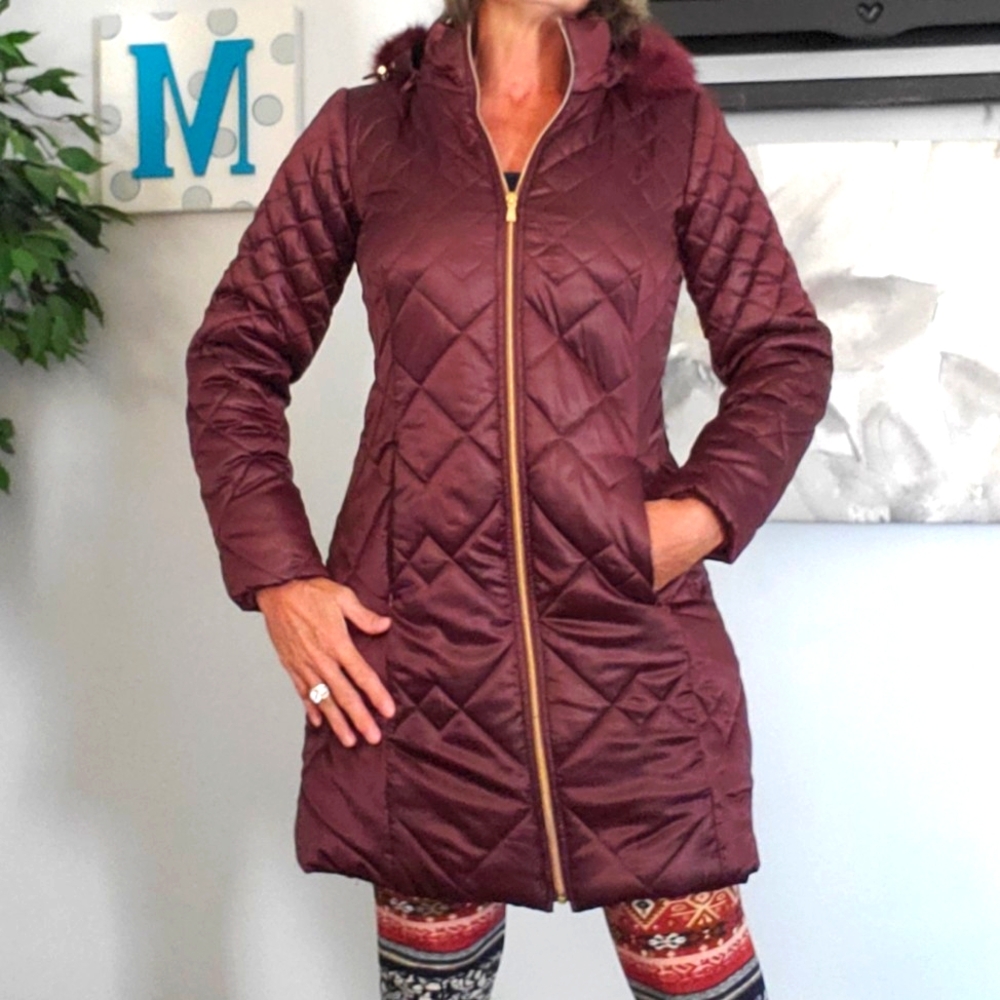 NWT ISAAC MIZRAHI burgundy faux fur puffer XXS - Picture 1 of 9